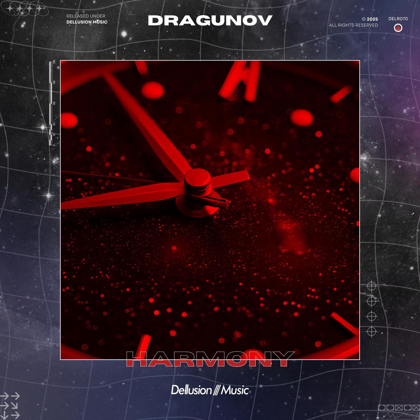 Album cover for "Harmony" by Dragunov, released under Delusion Music. The design features a red-tinted clock face with bold red hands and markers, set against a starry, space-themed background with grid lines. The title "HARMONY" appears in bold red letters at the bottom, with "DRAGUNOV" above and "Delusion Music." below the clock image.
